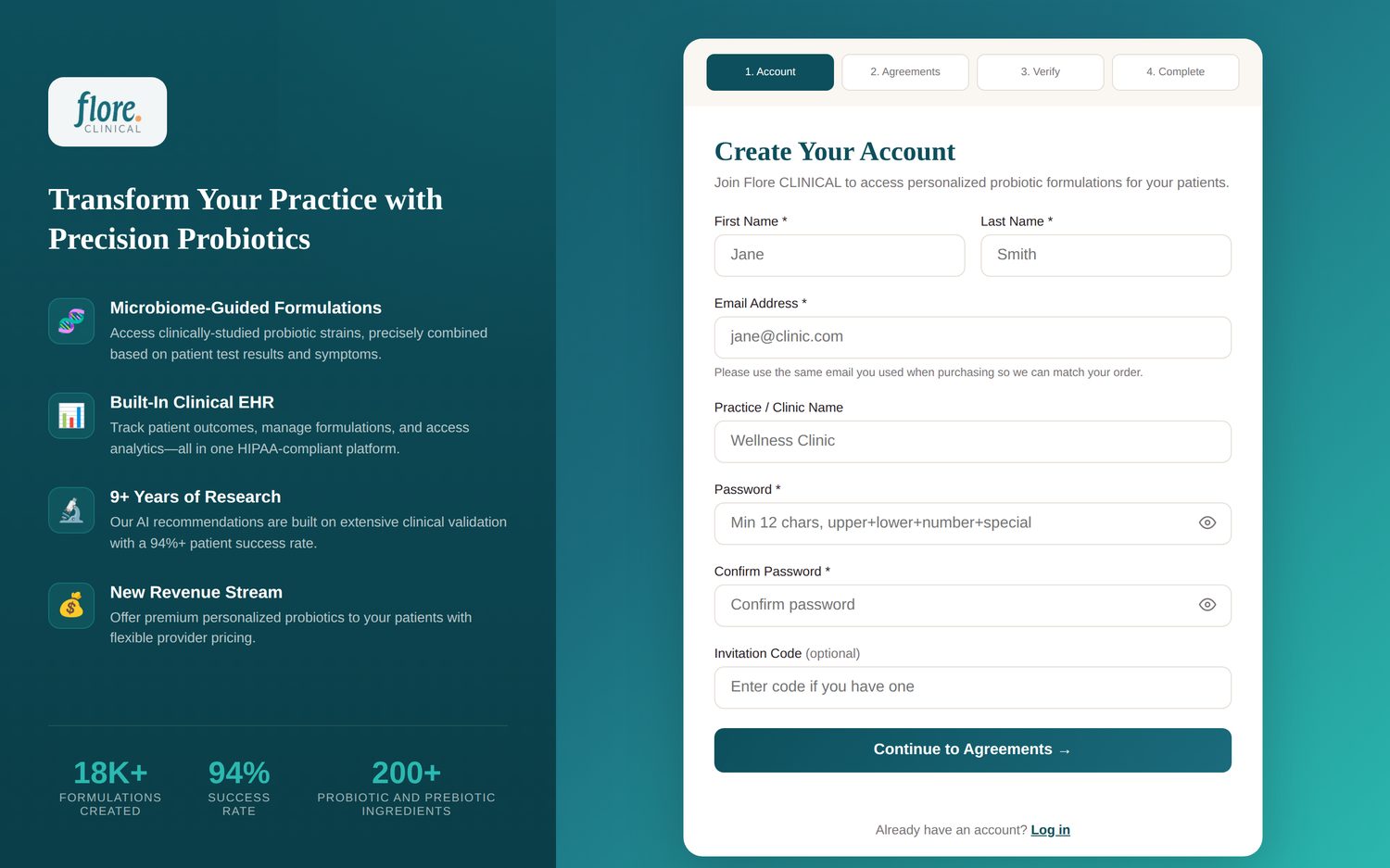 Flore Clinical provider registration, step one