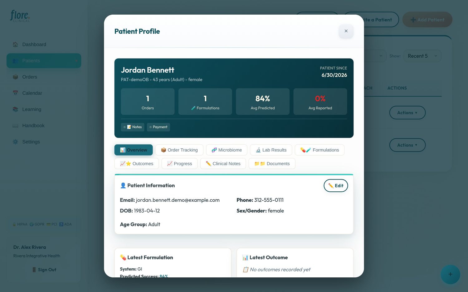Patient overview profile in the Flore Clinical portal