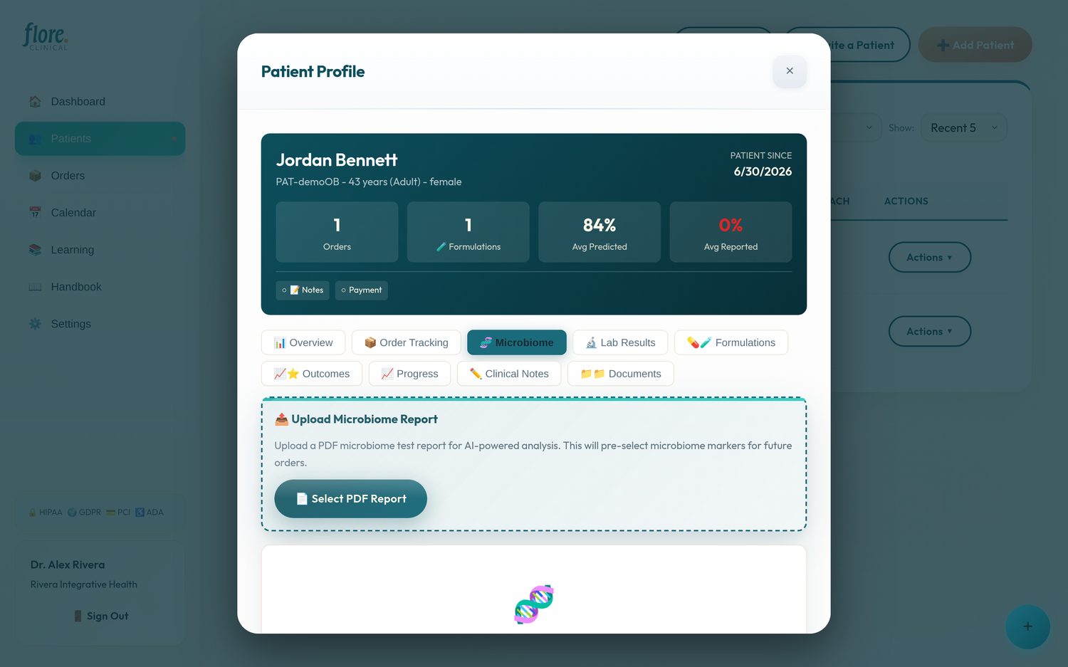 Microbiome tab with test upload in the Flore Clinical portal