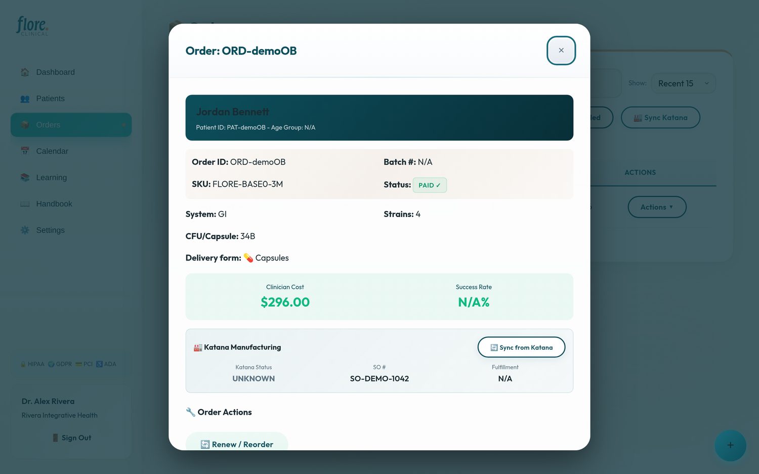 Order detail with manufacturing panel in the Flore Clinical portal