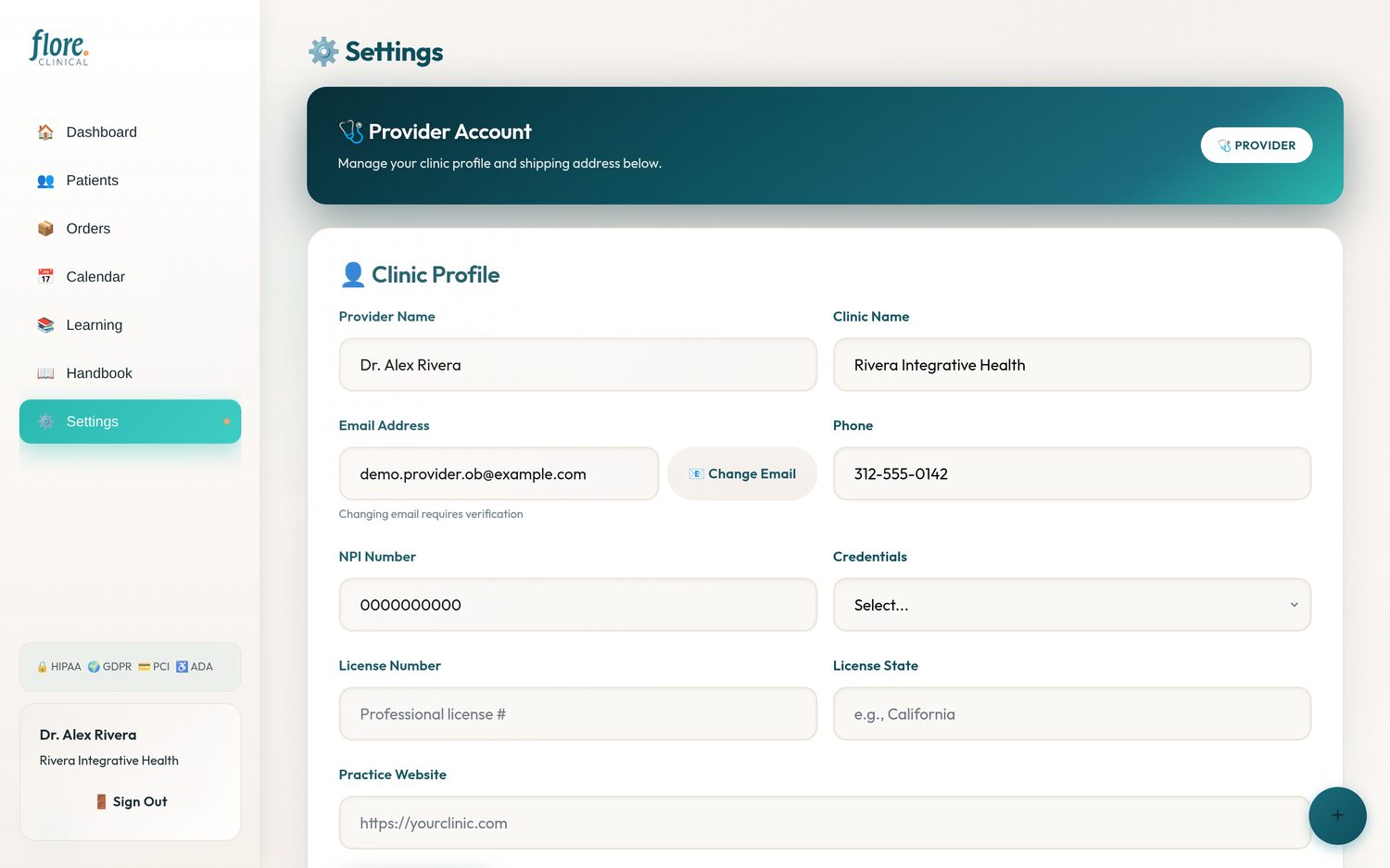 Provider settings in the Flore Clinical portal